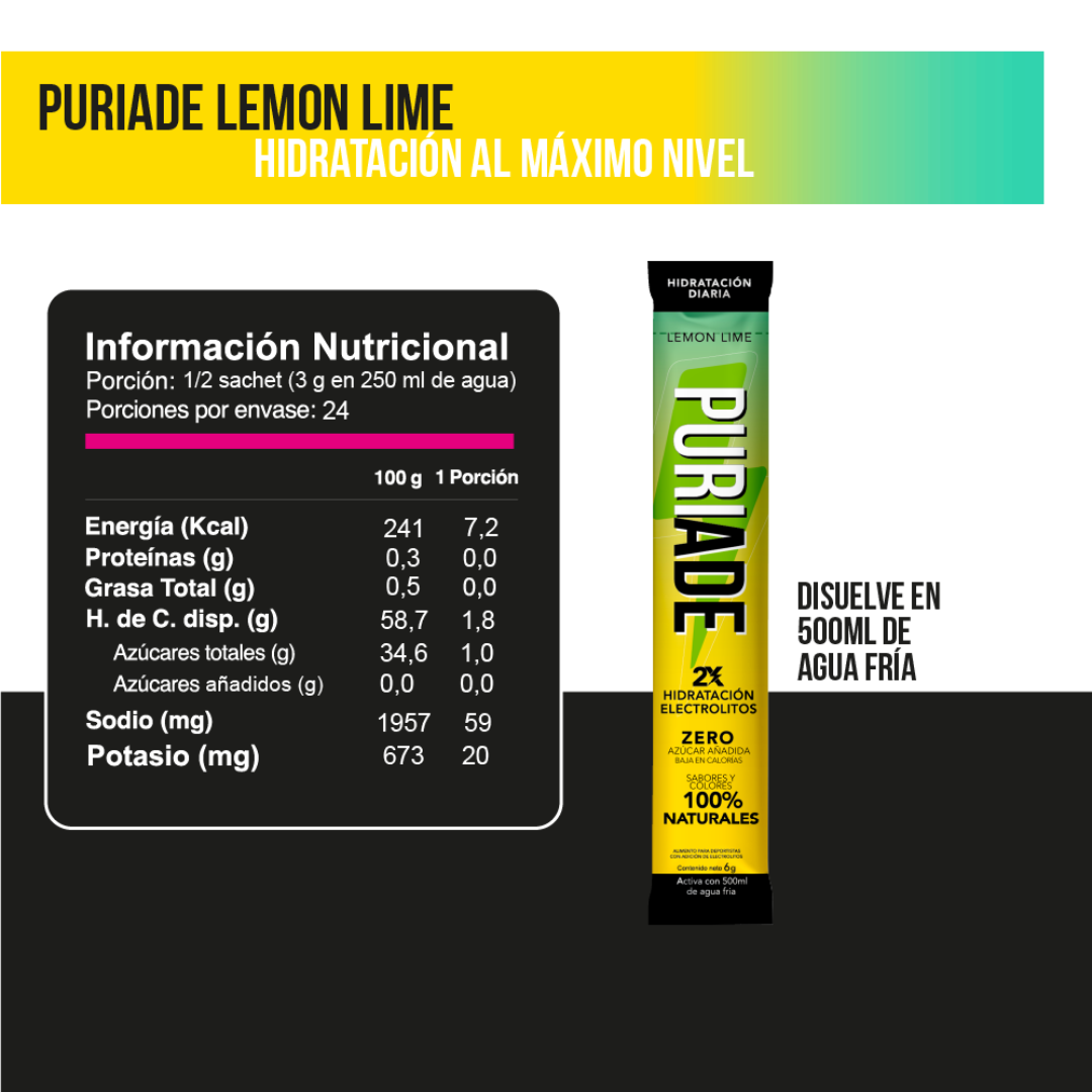 Puriade Lemon Lime. Mezcla de Electrolitos en Polvo